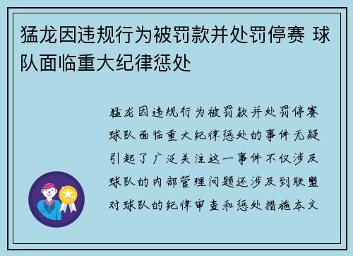 猛龙因违规行为被罚款并处罚停赛 球队面临重大纪律惩处